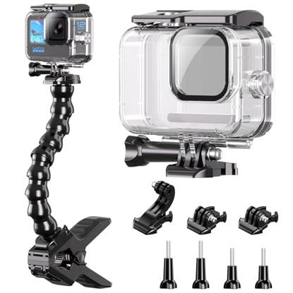 Picture of GOLRTRAL Waterproof Case with Jaws Flex Clamp Mount for GoPro Hero 12 11 10 9 Black, 230FT/70M Underwater Diving Housing Protective Case with Gooseneck Mount