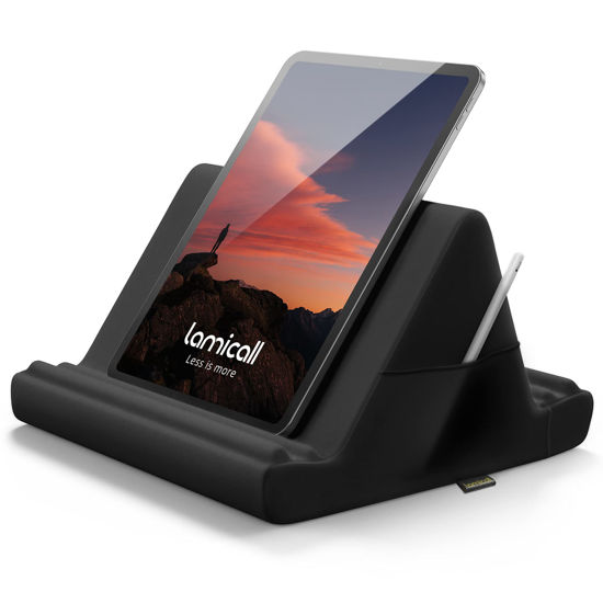 Picture of Lamicall Tablet Pillow Holder Stand - Tablet Pillow Soft Pad Dock for Lap, Bed and Desk with Pocket & 4 Viewing Angles, for 2022 iPad Pro 11, 12.9, Air, Mini, Kindle, 4-13" Phone and Tablet, Black