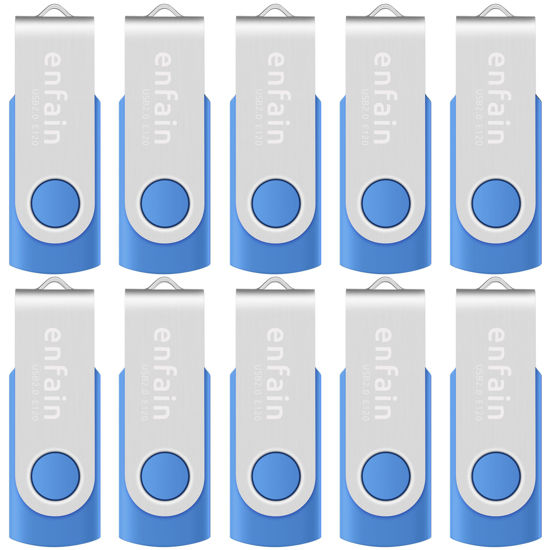 Picture of Enfain 16GB USB 2.0 Flash Drives Blue Memory Stick Swivel Thumb Drives 16 GB Jump Drives with LED Indicators 10 Pack, with 12 x White Labels for Marking Uploaded Content