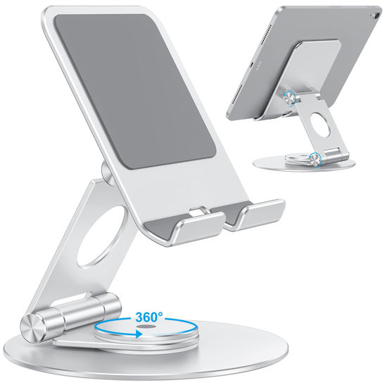 Picture of OMOTON Swivel Tablet Stand for iPad with 360 Rotating Base, Foldable Adjustable Holder for Drawing, Compatible with iPad Pro/Air/Mini and More, Silver