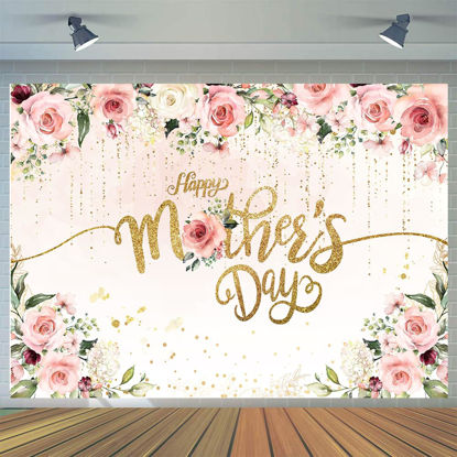 Picture of CYLYH 7x5ft Happy Mother's Day Backdrop Pink Flowers Golden Mother's Day Party Wall Decorations I Love Mom Gifts Photography Background Photo Booth Props