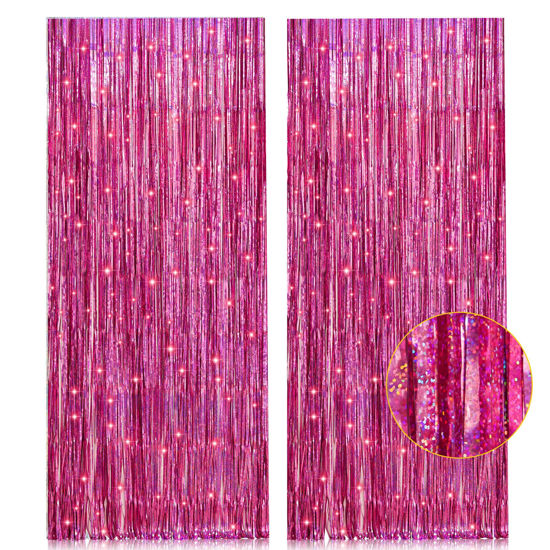 Picture of 2 Pack 3.2ft x 8.2ft Pink Metallic Tinsel Foil Fringe Curtains Backdrop for Pink Party Birthday Wedding Bachelorette Baby Shower Holiday Party Decorations Photo Booth Props