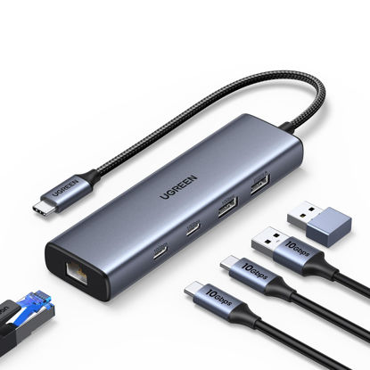 Picture of UGREEN USB C to Ethernet Adapter, 10Gbps 5 in 1 USB C Hub with 2* USB-C 3.2, 1*USB-A 3.2, Gigabit RJ45, USB-A 2.0, USB C Hub Ethernet for Laptop, Thunderbolt(3/4) to Network for MacBook, XPS, iPad Pro