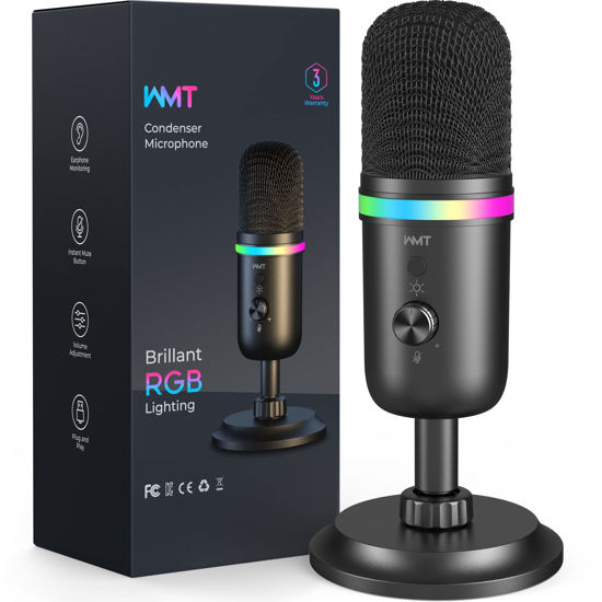 Picture of WMT USB Microphone - Condenser Gaming Microphone for PC/MAC/PS4/PS5/Phone- Cardioid Mic with Brilliant RGB Lighting Headphone Output Volume Control, Mute Button, for Streaming Podcast YouTube Discord