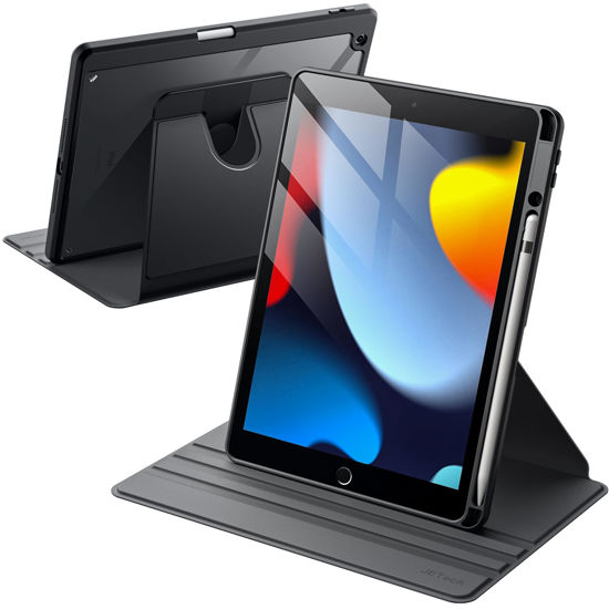 Picture of JETech Rotating Case for iPad 9/8/7 (10.2-Inch, 2021/2020/2019 Model, 9th/8th/7th Generation) with Pencil Holder, 360 Degree Rotation Protective Stand Cover Clear Back, Auto Wake/Sleep (Black)