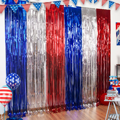 Picture of LOLStar 4th of July Decorations,Red White and Blue 3 Pack Tinsel Foil Fringe Curtains,4th of July Photo Booth Prop Streamer Backdrop for America Patriotic Party,Memorial Day,Independence Day,Labor Day