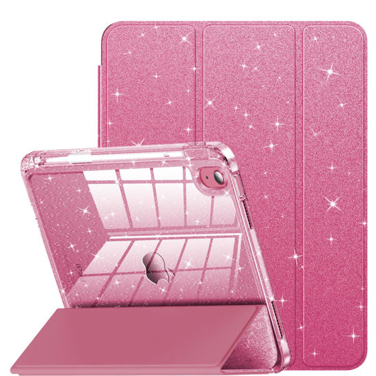 Picture of INFILAND Compatible with iPad 10th Generation Case, iPad Case 10th Generation 10.9 Inch for Kids, Girls, Cute Glitter Cover with Sparkly Crystal Clear Back, Pencil Holder, Anti-Yellowing, Rose Pink