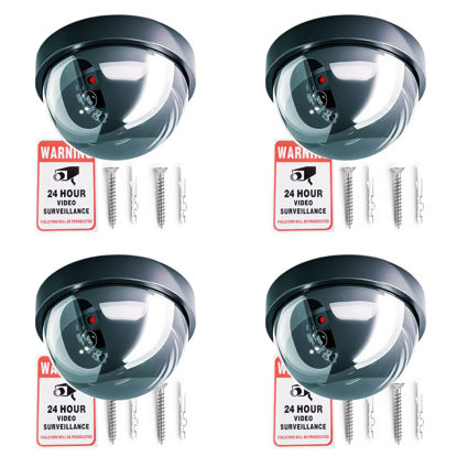 Picture of 4-Pack Fake Security Camera with Flashing Red LED Light - Dummy Dome Fake Cameras with Bonus Security Alert Sticker Decals, Black