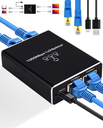 Picture of Ethernet Splitter 1 to 3, 1000Mbps High Speed Ethernet Cable Splitter with LAN Cable Cat 6 [3 Devices Simultaneous Networking], Gigabit RJ45 LAN Network Extension for Cat8/7/6/5e/5 Cable