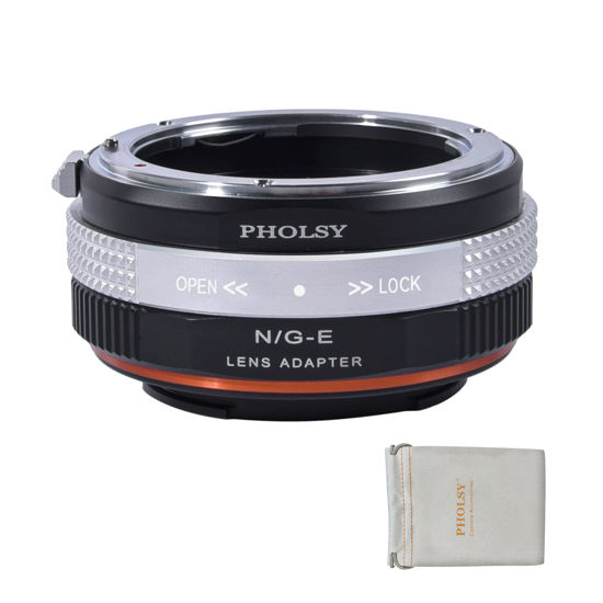 Picture of PHOLSY Lens Mount Adapter for Nikkor G/F/AI/AIS/D/AF-S Lens Compatible with Nikon F (G-Type) Lens to E (NEX) Mount Camera Compatible with Sony Camera Body, Lens Adapter with Aperture Control Ring