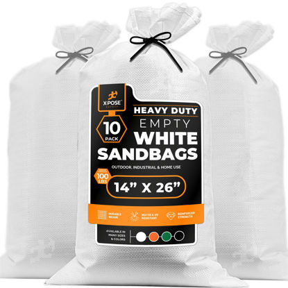 Picture of Heavy Duty Woven Polypropylene Sand Bags for Flooding -14" x 26" 100 lb Weight Limit - Military Grade Reusable Refillable Sand Bag for Hurricane Flood Protection - Empty Sandbags, White, Bundle of 10