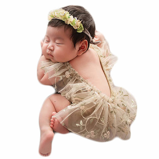 Picture of Baby Photography Props Lace Hats Outfit Newborn Photo Shoot Outfits Infant Girl Photos Costume Set (Brown)