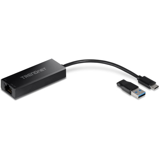 Picture of TRENDnet 2.5G USB-C to RJ-45 Ethernet Adapter, 2-in-1 Adapter Compatible with USB C/Thunderbolt 3 or USB 3.1, Windows Compatible, USB-C to USB-A Adapter Included, Black, TUC-ET2G