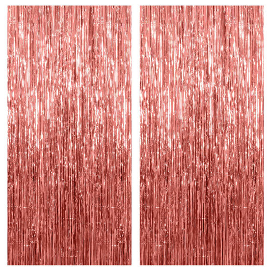 Picture of 2 Pack Rose Gold Backdrop Birthday Decorations Foil Curtain Backdrop Bachelorette Party Decorations Rose Gold Party Decor Party Streamers Groovy Birthday Decorations Party Backdrop