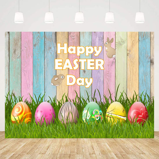 Picture of InMemory Happy Easter Day Backdrop Colorful Eggs Wood Board Green Grass Rabbit Party Decor Banner Baby Kids Portrait Photo Photography Background 7x5ft