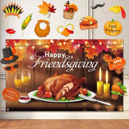 Picture of Friendsgiving Backdrop, Friendsgiving Party Decorations Photography Backdrop with Photo Booth Props 16 Pcs, Happy Friendsgiving Banner Decorations Thanksgiving Banner for Thanksgiving Party Decor