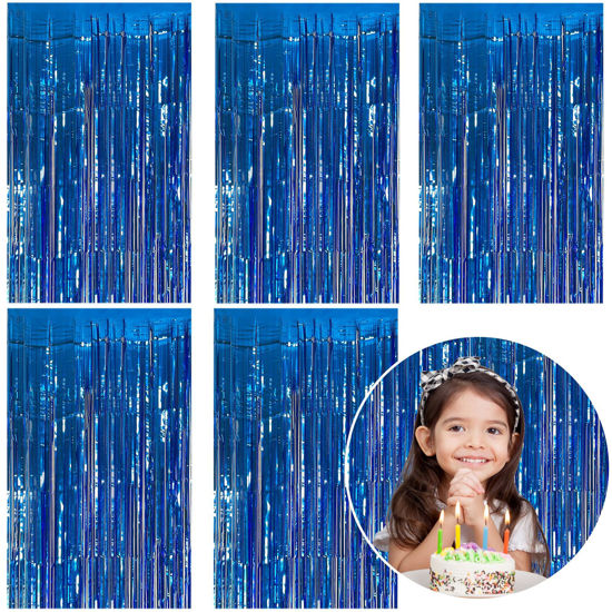 Picture of 5 Pack Foil Curtain Backdrop Blue Metallic Tinsel Foil Fringe Curtains Photo Booth Props for Birthday Wedding Engagement Baby Shower Bachelorette Christmas Holiday Celebration Party Decorations