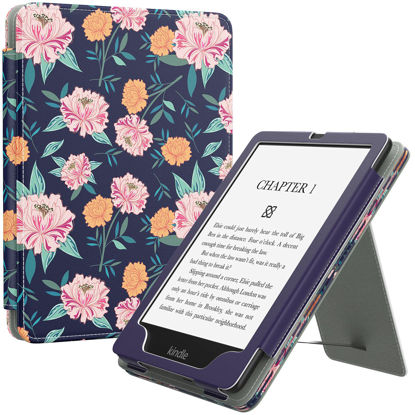 Picture of MoKo Case for 6.8" Kindle Paperwhite(11th Generation-2021) and Kindle Paperwhite Signature Edition, Slim PU Shell Cover Case with Auto-Wake/Sleep for Kindle Paperwhite 2021, Carnations on Blue