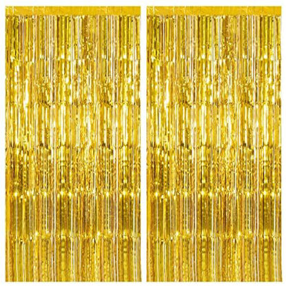 Picture of 2 Pack Gold Backdrop Birthday Decorations Foil Curtain Backdrop Gold Streamers Dance Party Decorations Photo Booth Props for Bachelorette Decorations Christmas Halloween New Years Eve Party Supplies