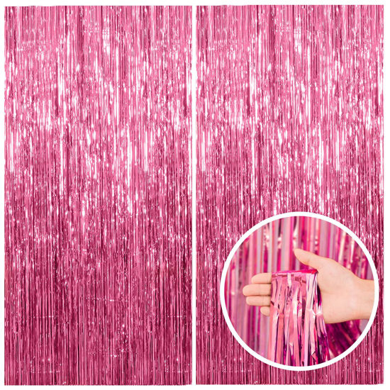 Picture of 2 Pack Pink Backdrop Party Decorations Tinsel Curtain Party Backdrop Foil Fringe Birthday Decorations Photo Booth Streamer Backdrop Pink Theme Bachelorette Graduation Party Decorations