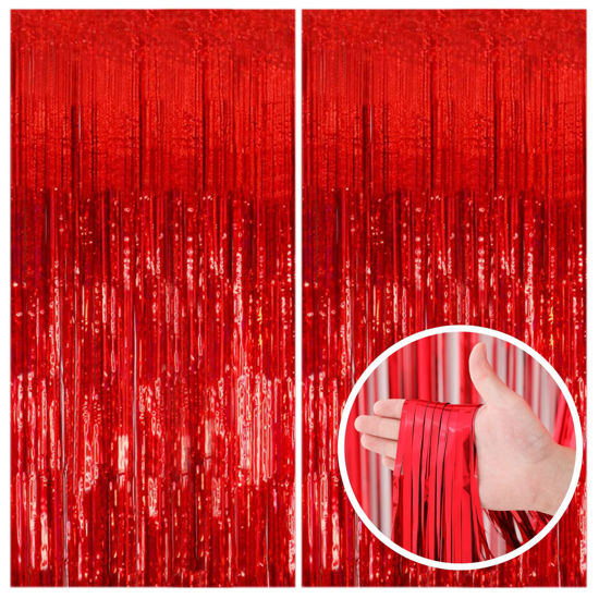 Picture of 2 Pack Red Streamers Party Backdrop Christmas Decorations Foil Fringe Backdrop Curtains Carnival Casino Theme Birthday New Year Holiday Celebration Bachelorette Party Decorations Supplies