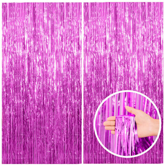 Picture of 2 Pack Hot Pink Party Backdrop Birthday Decorations Tinsel Curtain Party Streamers Foil Fringe Backdrop Christmas Bachelorette Graduation Fiesta Party Decorations Hot Pink Photo Booth Backdrop