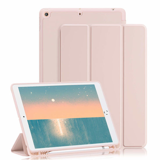 Picture of GHINL for iPad 9th/8th/7th Generation Case (2021/2020/2019) iPad 10.2-Inch Case with Pencil Holder [Sleep/Wake] Slim Soft TPU Back Smart Magnetic Stand Protective Cover Cases(Light Pink)