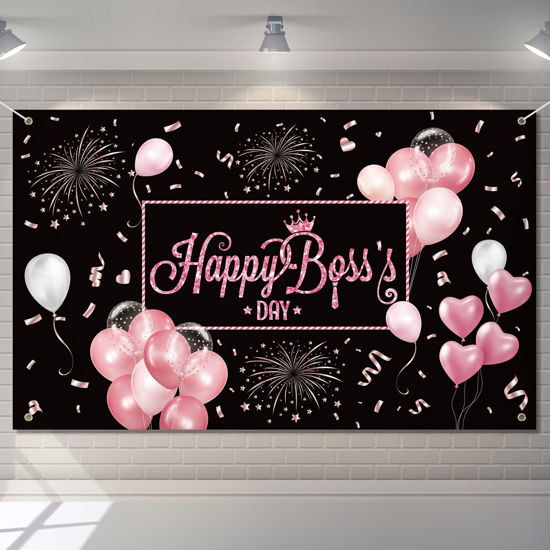 Picture of Mixweer 71'' x 43'' Boss's Day Backdrop Happy Boss's Day Banner Decorations International Boss Day Photo Sign for Office Photography Background Decoration Boss Day Party Supplies (Romantic Style)