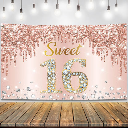 Picture of KatchOn, Sweet 16 Banner Rose Gold - Large, 72x44 Inch | Sweet 16 Party Decorations | Sweet 16 Backdrop for Sweet 16 Birthday Decorations | Sweet 16 Birthday Banner, Sweet Sixteen Party Decorations