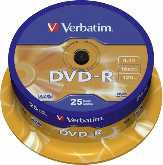 Picture of Verbatim DVD-R Discs 25 Spindle Pack, Bulk Pack 25 x DVD-R Blank Discs with AZO Protection Against UV, 16x Speed, 4.7 GB