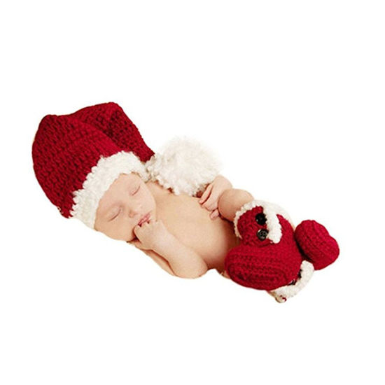 Picture of Christmas Newborn Baby Photo Shoot Props Outfits Crochet Clothes Santa Claus Red Hat Boots Photography Props