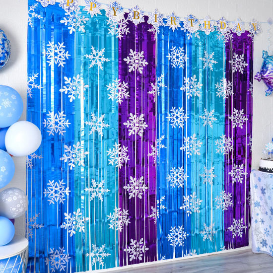 Picture of Bupelo Frozen Birthday Party Decorations, 2 Pack Frozen Birthday Party Supplies 3.3x6.6ft Tinsel Foil Fringe Curtains, Winter Photo Booth Prop Backdrop Streamer, Snowflake Birthday Party Decor