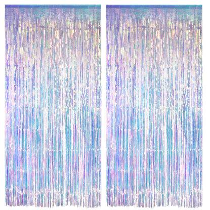 Picture of Iridescent Party Streamers Backdrop - GREATRIL Neon Transparent Holographic Tinsel Foil Fringe Curtain for Mermaid/Frozen/Sea/Euphoria/ERAS Party Theme Decorations 2 PCS