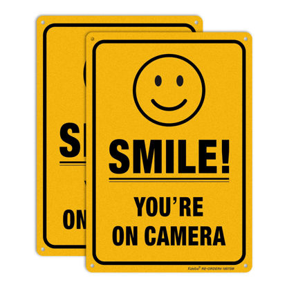 Picture of (2 Pack) Smile You're On Camera Video Surveillance Sign - 10 x7 Inches .040 Rust Free Heavy Duty Aluminum - Indoor or Outdoor Use for Home Business CCTV Security Camera,UV Protected & Reflective