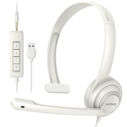 Picture of HW02 USB Headset with Microphone Noise Cancelling &in-line Control, Super Light, Ultra Comfort Computer Headset for Laptop pc, On-Ear Wired Office Call Center Headset for Boom Skype Webinars（White）