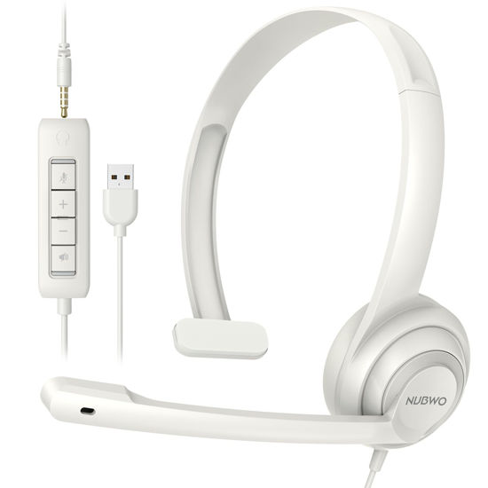 Picture of HW02 USB Headset with Microphone Noise Cancelling &in-line Control, Super Light, Ultra Comfort Computer Headset for Laptop pc, On-Ear Wired Office Call Center Headset for Boom Skype Webinars（White）