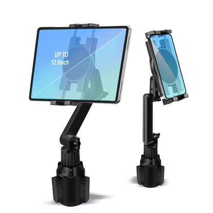 Picture of Cup Holder Car Tablet Mount for Truck, 360° Adjustable 15" Long 2-Arm Stand Holder for iPad Pro 12.9/11/10.5/9.7/Air/Mini 6/5/4, Samsung Galaxy Tab/Z Fold 4/3, iPhone 15/14/Pro, 4.7-12.9" Tab &Phone