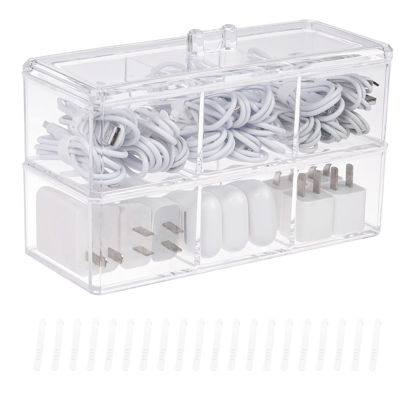 Picture of Yesesion Plastic Cable Management Boxes Set with Lid and 20 Wire Ties, Clear Power Cord Case with 3 Compartments, Electronics Organizer Desk Drawer Accessories Storage for Office Supply (2 Pack)