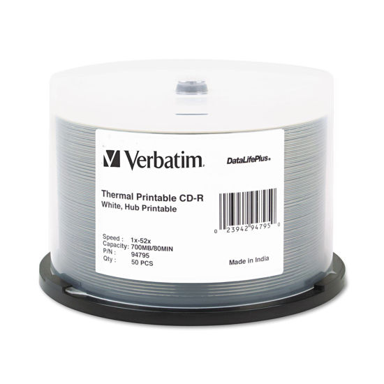 Picture of Verbatim CD-R 700MB 52X DataLifePlus White Thermal Printable, Hub Printable - 50pk Spindle