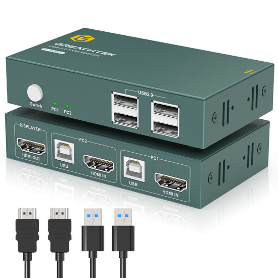 Picture of HDMI KVM Switch 1 Monitors 2 Computers 4K@30Hz, USB2.0 KVM Switch with 4 USB 2.0 Ports, EDID Adaptive, Sharing Mouse, Keyboard and Monitor, Plug and Play