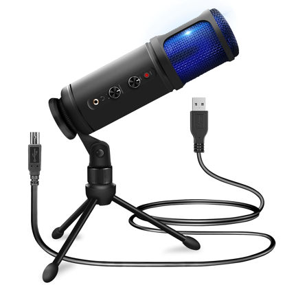 Picture of Jovial Pyle USB PC Recording Condenser Microphone, Portable Pro Audio Condenser Desk Mic, Blue LED, Adjustable Gain, Headphone Jack, Mute Control, Tripod Stand, for Podcast Streaming Gaming