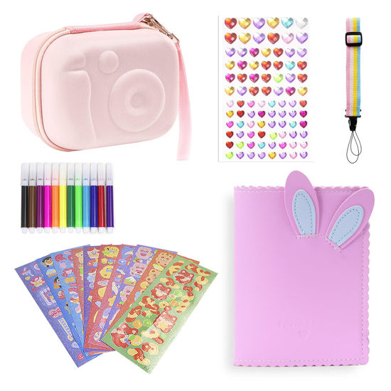 Picture of Madcat 6 in 1 Accessories Kit for Kids Instant Print Camera,Include Camera Storage Case+Photo Album+DIY Sticker+Rhinestone Stickers+Paint Pens+Rainbow strap (pink)