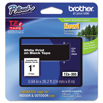 Picture of Brother Genuine P-Touch TZE-355 Tape, 1" (0.94") Wide Standard Laminated Tape, White on Black, Laminated for Indoor or Outdoor Use, Water-Resistant, 0.94" x 26.2' (24mm x 8M), Single-Pack, TZE355