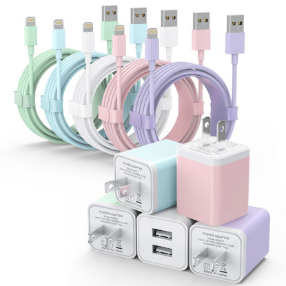 Picture of 5Pack iPhone Charger, iGENJUN Dual Port USB Wall Charger Block Adapter with Long 6FT Lightning Cable Fast Charging Data Sync Cords for iPhone 14 13 12 11 Pro Max XR XS Plus-Multicolor