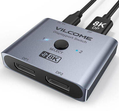 Picture of Vilcome DisplayPort Switch 8K Splitter, Plug & Play, One-Button Switching, Bidirectional Display Port Switcher Box 2 in 1 Out/ 1 in 2 Out, 8K@60Hz, 4K@120Hz, 1080P@240Hz for PC Monitor Laptop (Gray)