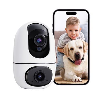 Picture of virtavo EggsFlask Indoor Security Camera, 1080P Dual-Lens & Screen, Home Security Baby Monitor/Pet Cam, Pan/Tilt/Zoom, AI Motion Tracking, Phone Alerts, 2-Way Audio, Night Vision, Cloud & SD Storage