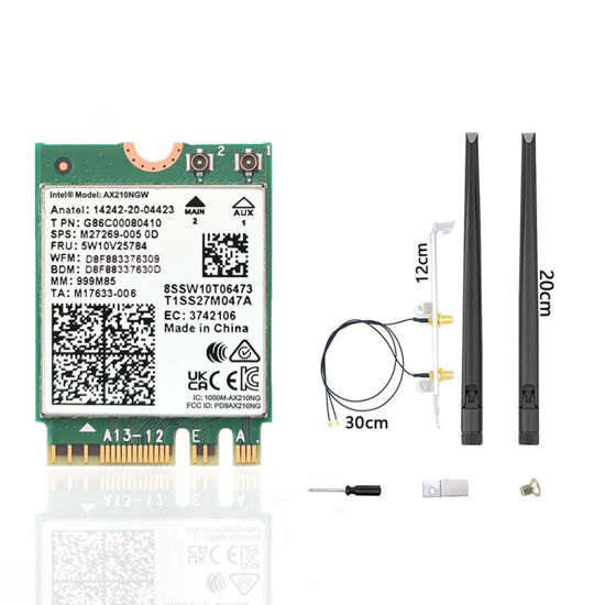 Picture of WiFi 6E AX210 NGW Wireless Card, Expand to Tri-Band 6GHz/5GHz/2.4GHz M.2 NGFF Wireless Bluetooth 5.3, AX210 WiFi Chip, Includes Ipex Cable, 8dBi Antennas and Brackets Support Windows 10/11(64 bit)