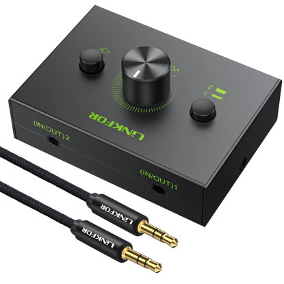 Picture of LiNKFOR 2 Ports 3.5mm Stereo Audio Selector Box with 3.5mm Audio Cable Support 1 in 2 Out / 2 in 1 Out, Mute Button Compatible with PC, CD Player, Laptop, Headphone, Plug & Play