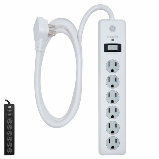 Picture of GE 6-Outlet Surge Protector, 6 Ft Extension Cord, Power Strip, 800 Joules, Flat Plug, Twist-to-Close Safety Covers, Protected Indicator Light, UL Listed, White, 47225