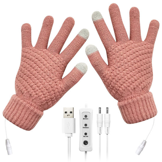 Picture of Yoolhamy USB Heated Gloves for Women Men, Unisex Heated Mittens Winter Warm Full Hands Touchscreen Laptop Gloves 3 Heating Levels Knitting Hands Warmer for Indoor Outdoor (Pink)